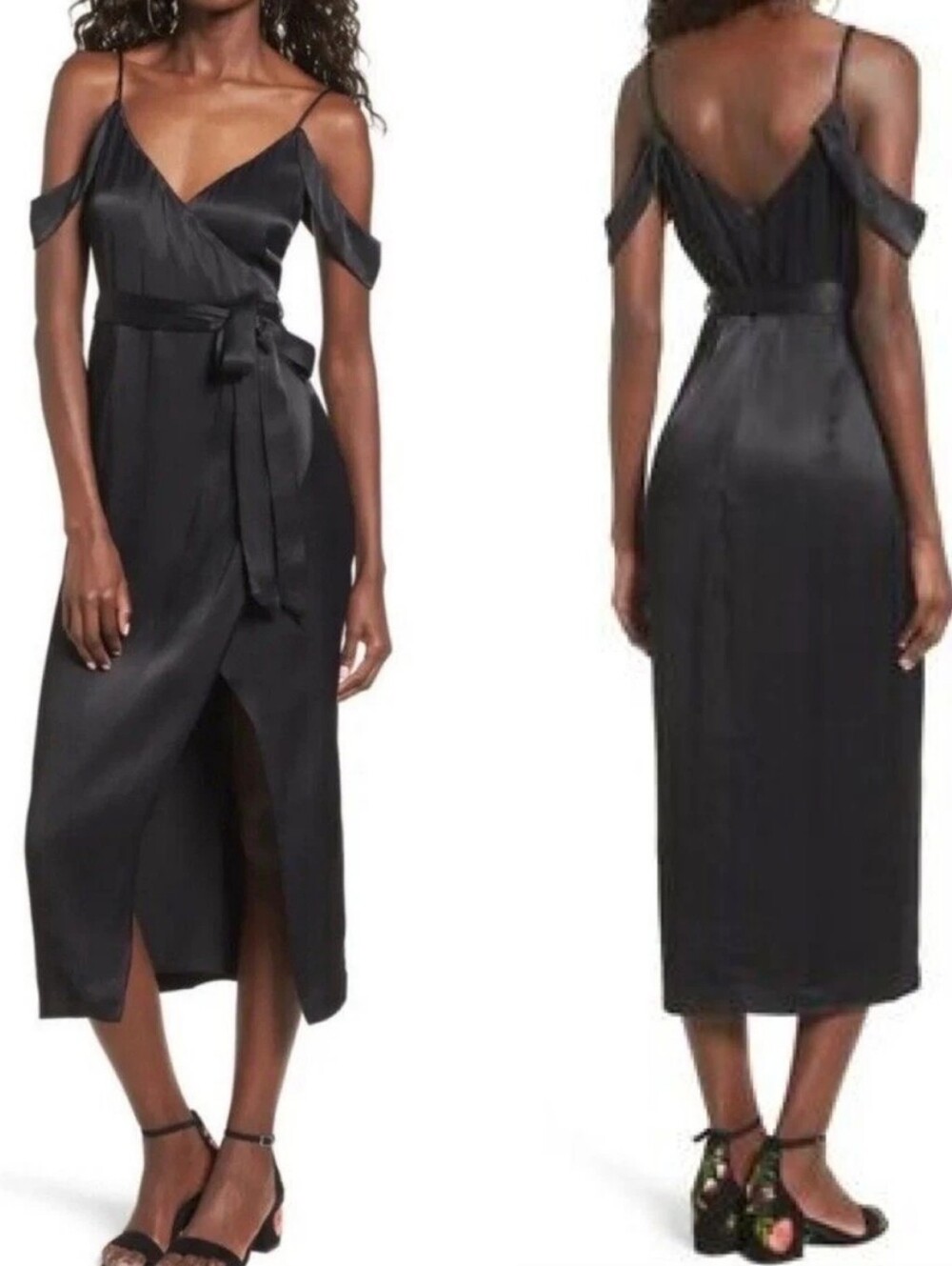 Bardot Leah Black Satin Off The Shoulder Tie Waist Wrap Dress US 10
